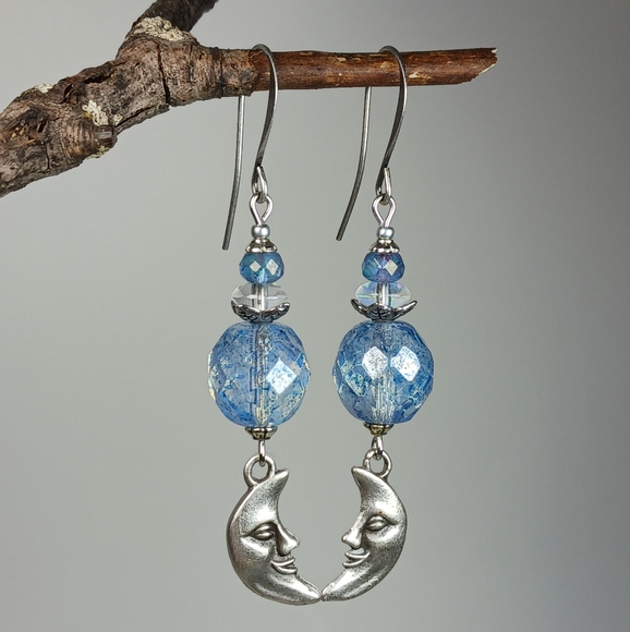 Earth Art hand crafted artisan Jewelry - HAND CRAFTED Celestial Blue Czech Glass Silver Crescent Moon Dangle Earrings